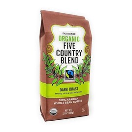 Fairtrade Organic Five Country Blend, 100% Arabica Whole Bean Coffee, Kosher Pareve Certified, 13oz/369g (Pack of 1)