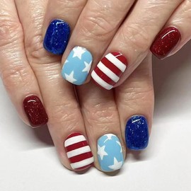 4th Of July Fake Nails Short Square Press On Nails Star With Line Glitter Design Independence Day False Nails Acrylic Artificial Nails Glossy Glue On Nails Full Cover Stick On Nails For Women 24pcs