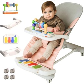 Baby Bouncer 4-in-1 with Wheels, Detachable Piano, Feeding Tray, Play Bar, Thick Base. 3-Level Incline Portable Seat for Infant to Toddler 0-6, 0-12, 12-24 Months, Upto 29Lbs - Colour: pink