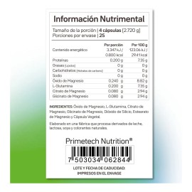 Magnesio complex Trimag-200 Primetech 100 Cáps con la dosis ideal que mezcla Citrato de Magnesio, Glicinato de Magnesio y Óxido de Magnesio, promueve la salud celular y metabólica