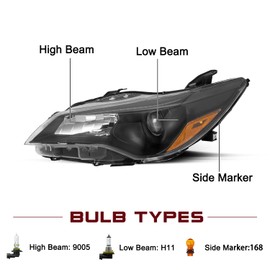 JSBOYAT Halogen Headlight Assembly fit for 2015 2016 2017 Toyota Camry LE/SE/XLE/XSE Sedan 4-Door Driver and Passenger Side Black Housing with Amber Reflector w/Bulbs