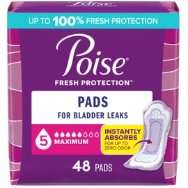 Poise Incontinence & Postpartum Pads for Bladder Leaks, 5 Drop Maximum Absorbency, Regular Length, 48 Count, Packaging May Vary