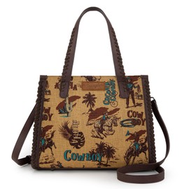 Wrangler Tote Bag with Zipper Western Handbags for Women Cowboy Print Canvas and Synthetic Leather with Crossbody Strap WG60G-8317DK-YL
