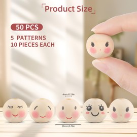 50PCS Wooden Beads for Crafts, 20mm Smile Wooden Beads with Holes, Natural Round Face Wood Beads for DIY Crafts, Jewelry Making, Angel Decorations(Style 2)