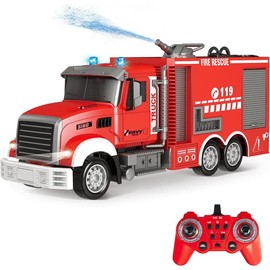 Remote Control Fire Truck,9 CH Rc Fire Truck Toy,Fire Truck with Lights Working Water Pump and Rotating Rescue Ladder,2.4G Firetruck Toy