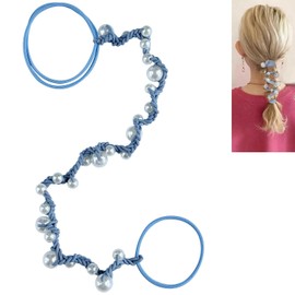 Spiral Hair Ties for Women No Hook, 16" Hand Braided Pearl Ponytail Holders Soft Pony Tail Wrap for Sports,Workouts,Daily Use,Swim,Beach, No-Damage Hair Accessories Hair Accessories (Steel Blue)