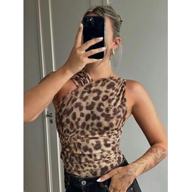 Women's Sleeveless Cheetah Print Top Halter Ruched Mesh Leopard Print Going Out Tops for Women Streetwear Bodysuit Top