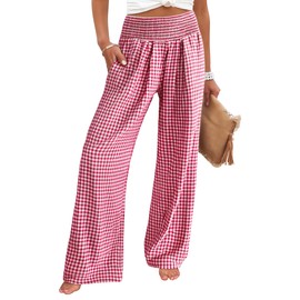 ANRABESS Womens Striped Gingham Palazzo Pants Wide Leg High Waisted Lounge Pajama Pants Cute Casual Trousers with Pockets