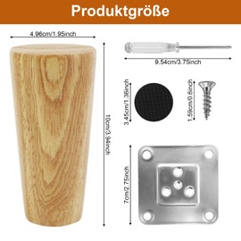 10 cm Wooden Table Legs, Pack of 4 Solid Wood Conical Replacement Sofa Feet, Furniture Feet, Base Feet, Table Foot, Made of Oak, Furniture Legs with Mounting Plates & Screws for Chairs and Sofa Bed