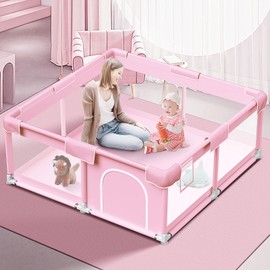 Pink Baby Playpen 50x50 Inches Playpen for Little Princess Play Yards Indoor & Outdoor Sturdy Safety Baby Girls Play Pen with Soft Breathable Mesh Toddlers Activity Center with Anti-Slip Base