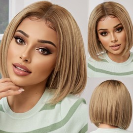starluck SilkHug HD Lace Front Wigs Human Hair Glueless Pre-plucked Pre-cut Bob Real Human Hair Ash Blonde-P4/8/16 Wigs for Women Middle Part 12" Lenght Straight Wig 150% Density 13"×4"×2.5"