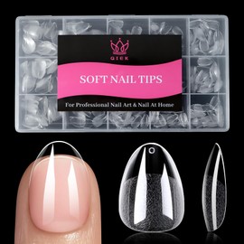Qiek Extra Short Almond Fake Nail Tips, 15 Sizes 240 PCS Clear Half Matte Press On False Nail Tips Pre-shaped Full Cover Gel Nail Acrylic Soft Tip Extensions Thick Long Lasting for Home DIY Nail Salon