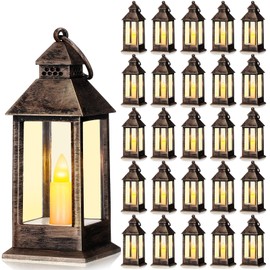 Hoolerry 24 Set Mini Ramadan Lanterns with LED Candles 5.5'' Decorative Hanging Small Vintage Lantern Eid Mubarak Centerpiece Battery Powered for Wedding Table(Rustic)