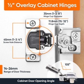 Decobasics 60 Pack Soft Close Cabinet Hinges – 1/2" Overlay for Kitchen Cabinet Doors, Slow Self-Closing Concealed Hidden Hinges for Face Frame –Stainless Steel, 3-Way Adjustable & Quiet Close Damper