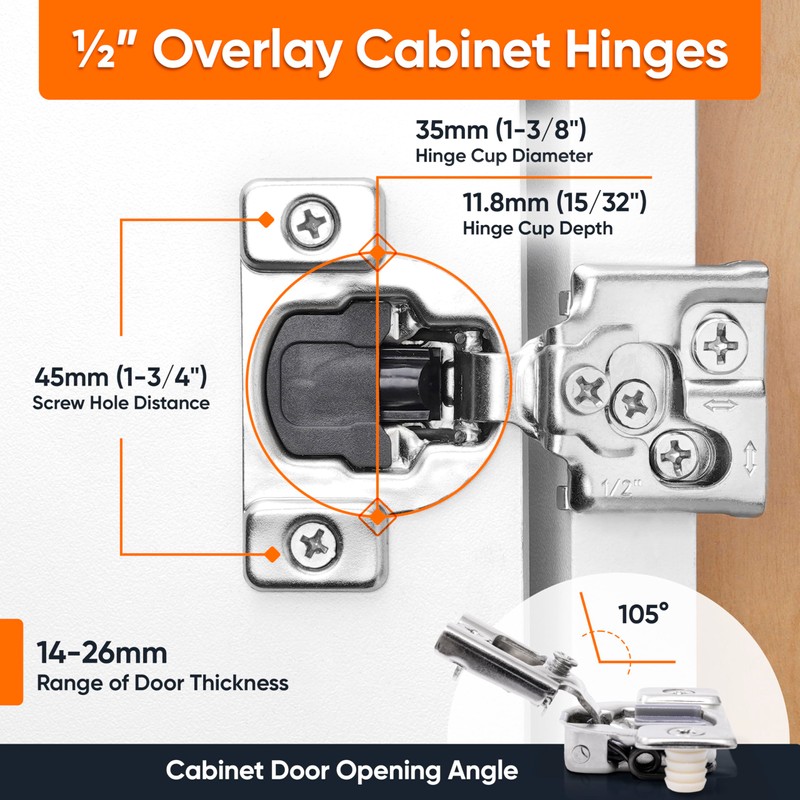 Decobasics 60 Pack Soft Close Cabinet Hinges – 1/2" Overlay