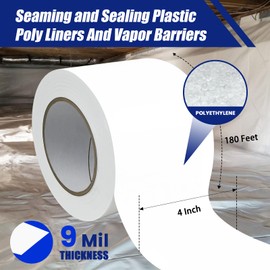 Bghdas 2 Roll, White Vapor Barrier Tape, 4" Wide x 180' Long, PE 9 mm Polyethylene Tape, for Stucco Waterproof Moisture Barriers Seal and Seam, for Crawlspaces, Insulation Repairs & Plastic Liners