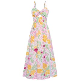 Women's Spaghetti Strap Maxi Sundress Twist Knot Front Smocked Floral Boho Beach Long Dress with Split Pockets White Yellow Floral L