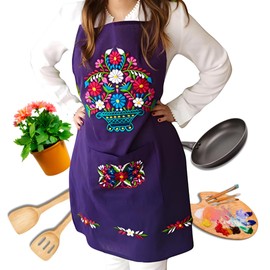 Mexican embroidered apron women, Colorful Flower purple apron, 100% Cotton Manta Mexican Kitchen apron with pockets, Mexico Restaurant Food Pinafore with Neck Strap, Mexican Style Apron, Taco tuesday Apron, Cinco de Mayo apron, Mexican Cooking Waitress C