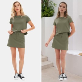 EXLURA Womens Casual Summer 2 Piece Short Skirt Sets Short Sleeve Tshirt And Tennis Skort Dressy Cotton Matching Sweatsuits, Army Green, Small