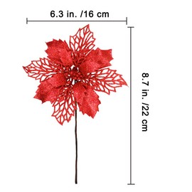 24 Pcs Christmas Red Glittered Mesh Holly Leaf Artificial Poinsettia Flowers Picks Tree Ornaments 5.9" W for Red Christmas Tree Wreath Garland Floral Gift Winter Wedding Holiday Decoration