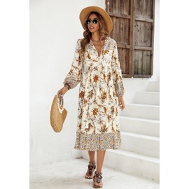 R.Vivimos Women's Long Sleeve Floral Print Retro V Neck Tassel Bohemian Midi Dresses (Large, White)
