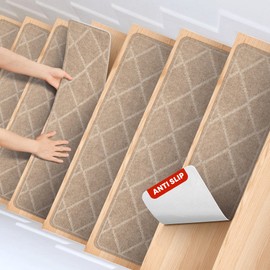 MBIGM 8" X 30" (15 in Pack) Non-Slip Carpet Stair Treads Non-Skid Safety Rug Slip Resistant Indoor Runner for Kids Elders & Pets with Reusable Adhesive - Cornstalk Diamond Weave