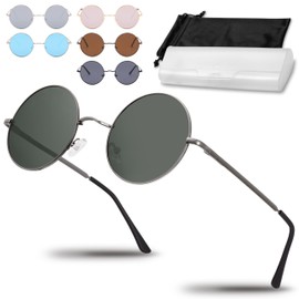 Netrox® Round Sunglasses in Retro Style, UV400 Protection Lenses, Unisex Glasses Including Case and Microfibre Bag, Vintage 70s Metal Frame with Mirrored Glass, Black - Black Green