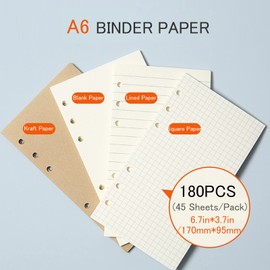 DY.2ten A6 6-Hole Binder Notebook Refills Set -(Gridded Paper Refills + Lined Paper + Kraft Paper + Blank Loose Leaf Paper) 180 Sheets /360 Pages（45 sheets of each type）+A6 Storing Bag