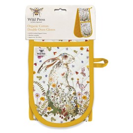 Double Oven Gloves - Organic Cotton - Floral Design - Wildflower Hare and Butterflies - Stylish Kitchenware