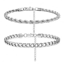 DODIY 2PCS Ankle Bracelets for Women - Gold/Silver Plated Stainless Steel Anklets Set - Waterproof Layered Cuban Link Chain Anklet Bracelet Summer Beach Foot Jewelry Gifts for Women (Style 3-Silver)