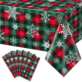6Pcs Christmas Buffalo Plaid Snowflake Party Tablecloths Decorations,Plastic Red and Green Checkered Rectangle Table Cover for Winter Christmas New Year Birthday Holiday Party Decorations,54x108 inch
