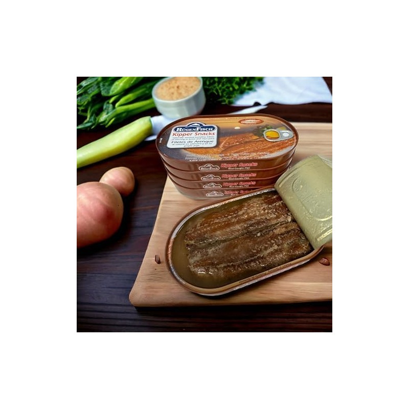 Rugen Fisch Kipper Snacks, Smoked Herring Fillets, 3.54 oz Cans