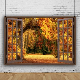 DASHAN 10x8ft Open Window Fall Forest Backdrop with Maples Leaves Wedding Autumn Foliage Party Park Bridal Shower Photography Background Birthday Outdoor Travel Family Photo Props