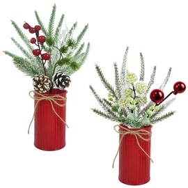 Tepaler 2-Pack 12'' Mini Christmas Floral Arrangements Assorted Holly Berries Pine Cone Picks Rustic Artificial Berry Stem Picks in Metal Pots for Festive Holiday Home Centerpieces and Table Decor