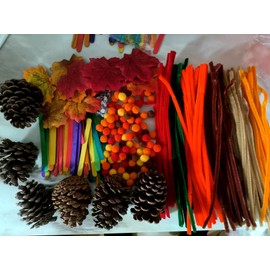 yaxwhty Thanksgiving Turkey Craft Kit, Thankful Pinecone Craft with pom poms,Black Wiggle Googly Eyes, Pipe Cleaners,Artificial Maple Leaves,Colored Popsicle Sticks, Natural Pinecones﻿