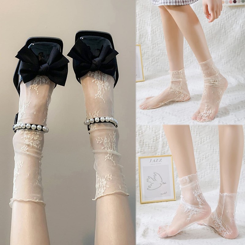 Ekieta Women's Summer Lace Socks, Cute, Transparent Lace Socks, Lolita,