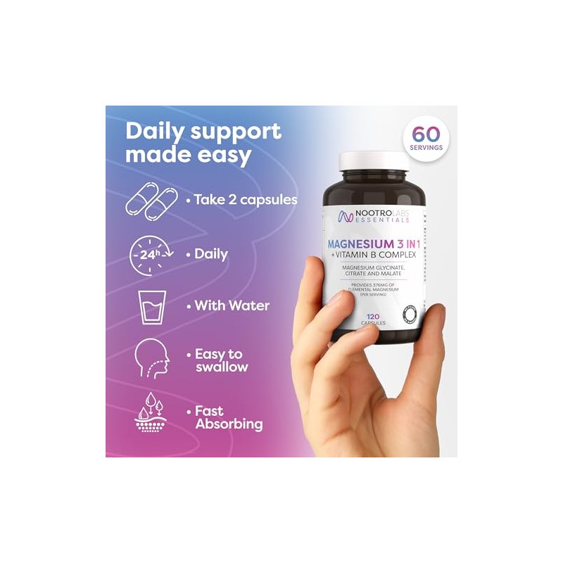 Nootro Essentials Magnesium 3-in-1 Capsules, High Strength Magnesium Supplements with
