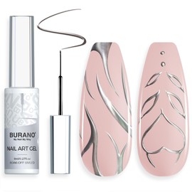 BURANO Silver Metallic Gel Nail Polish Liner Nail Art Polish, 3D Painted Mirror Chrome Painted Gel Nail Design Polish 1 Bottle, Build in Thin Nail Brush Gel Nail Polish Curing Required 8ml LX32