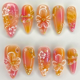 Flower Press on Nails Medium Almond Handmade Fake Nails with 3D Pearl Charms Design Orange Red False Nails Full Cover Artificial Glue on Nails Summer Stick on Nails for Women DIY Manicure 24Pcs