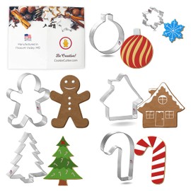 Gingerbread House Cookie Cutters Set, 4" Man, 3.75" Tree, 4.75" Candy Cane, 3" Ornament Ball, 1.75" Snowflake, 3.5" House Foose, USA, 6 Piece