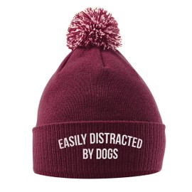 Easily Distracted By Dogs Bobble Hat, Birthday Dog Walking Accessories Gifts Warm Winter Knitted Beanie Hat with Faux Fur Pom Pom for Womens Kids Girls Boys and Men, One Size, Maroon