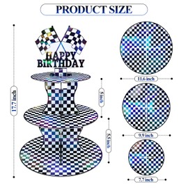 Iridescent Racing Car 3-Tier Cardboard Cupcake Stand, Black and White Holographic Foil Cupcake Holder Car Theme Dessert Stand for Racing Cars Birthday Party Supplies Decor