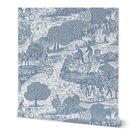 Removable Wallpaper 12ft x 2ft - Folk Bicycle Toile Blue Monochrome Block Print Trees Lines Cycling Scandi Custom Pre-Pasted Wallpaper by Spoonflower