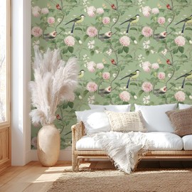VEELIKE Elegant Peonies Floral Peel and Stick Wallpaper Vintage Green Chinoiserie Wallpaper with Birds Butterflies 17.7''x118'' Self Adhesive Waterproof Green Floral Contact Paper for Cabinets Drawers