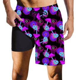 Purple Mushroom Mens Swim Trunks with Compression Liner Quick Dry 2 in 1swim Shorts Bathing Suits for Beach Rave Large