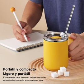 Termo para Café de Doble de Acero Inoxidable 450ml,Termo Taza Térmica para Café con Tapa Hermética y Pajita Telescópica,Taza Termica Frio y Caliente Portátil Vaso Viaje para Café,Té y Agua(Amarillo)