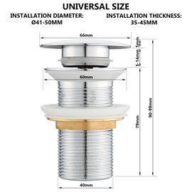 kelleria Drain Fitting without Overflow, Pop-Up Valve Drain Set, Universal 1 1/4 Inch for Washbasins and Washbasins, Without Overflow Drain Valve, Includes 3 Seals, Chrome, Brass