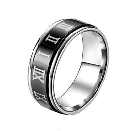 HIJONES Stainless Steel Roman Numeral Spinner Ring for Men Women Anxiety Stress Relief Ring Band Black Size S