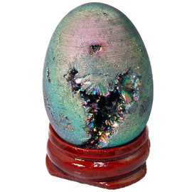 Nupuyai Druzy Agate Geode Crystal Egg with Stand, Light Blue Titanium Coated Quartz Cluster Specimen Spiritual Healing Stone for Home Decor