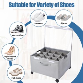 HOUSE AGAIN 2 Pack Shoe Organizer for Closet, Shoe Storage Boxes with 360° Wheels, Sturdy Metal Frame Fits up to 16 Pairs, Boots&Shoes Cubby Storage Containers with Adjustable Dividers and Clear Cover